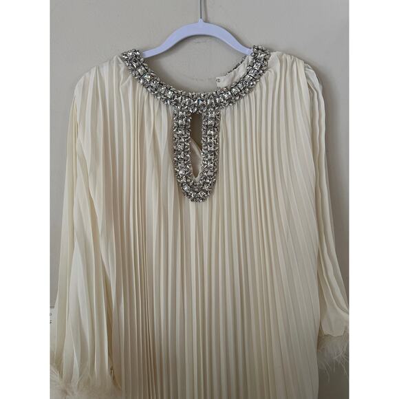 Cream pleated dress with feathered sleeves and beaded neck size small - Picture 2 of 7